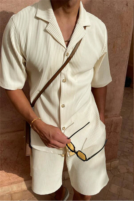 Men's Corduroy Summer Suit Set - Lightweight Short Sleeve Shirt & Shorts Outfit