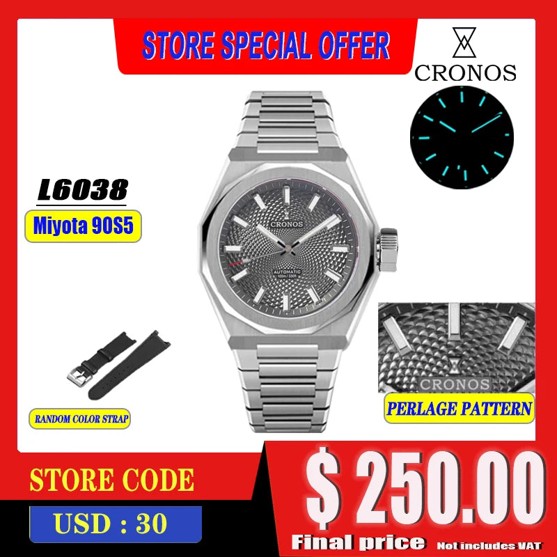 Cronos Automatic Watch 39mm - Rhombus Perlage Dial Miyota 90S5 Men's Watch