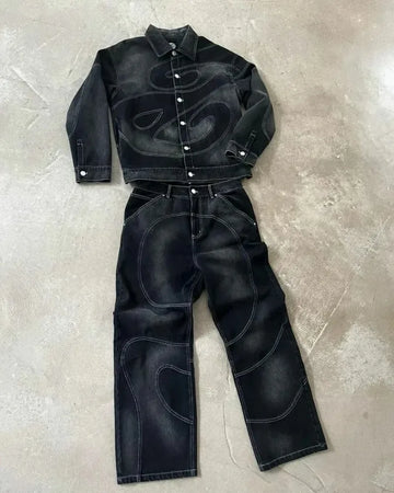 Patch Jeans Retro Striped Embroidered Jacket Two-Piece